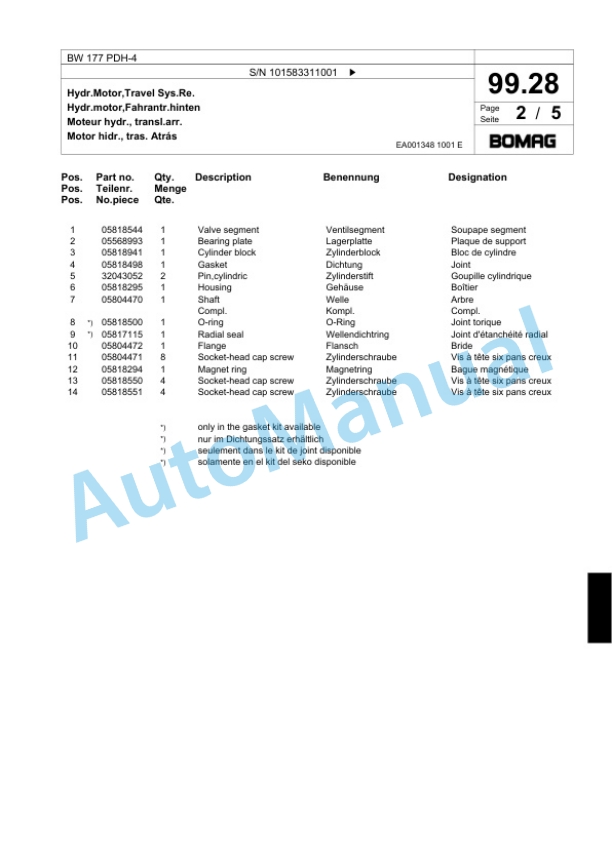 Bomag BW 177 PDH-4 Single Drum Wheel Drive Vibratory Roller Spare Parts Catalogue 00818541 3 Bomag BW 177 PDH-4 Single Drum Wheel Drive Vibratory Roller Spare Parts Catalogue 00818541-3