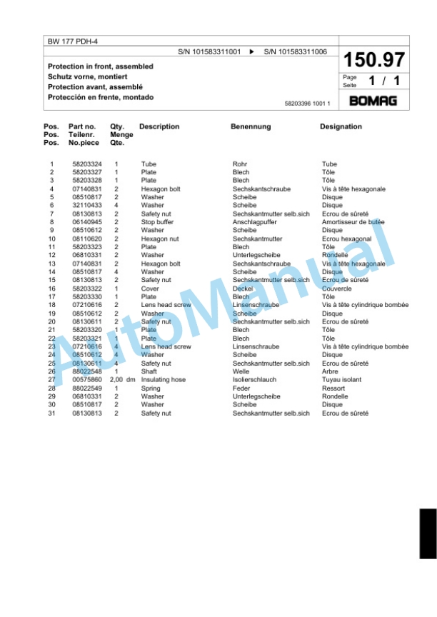 Bomag BW 177 PDH-4 Single Drum Wheel Drive Vibratory Roller Spare Parts Catalogue 00818541 5 Bomag BW 177 PDH-4 Single Drum Wheel Drive Vibratory Roller Spare Parts Catalogue 00818541-5