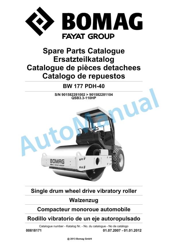 Bomag BW 177 PDH-40 Single Drum Wheel Drive Vibratory Roller Spare Parts Catalogue 00818171 1 Bomag BW 177 PDH-40 Single Drum Wheel Drive Vibratory Roller Spare Parts Catalogue 00818171