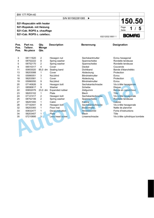Bomag BW 177 PDH-40 Single Drum Wheel Drive Vibratory Roller Spare Parts Catalogue 00818171 3 Bomag BW 177 PDH-40 Single Drum Wheel Drive Vibratory Roller Spare Parts Catalogue 00818171-3