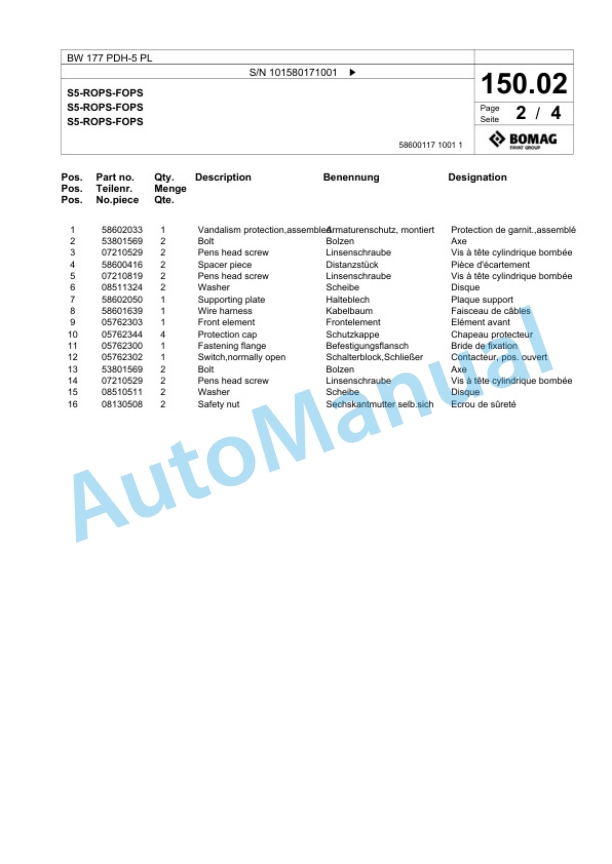 Bomag BW 177 PDH-5 PL Single Drum Wheel Drive Vibratory Roller Spare Parts Catalogue 00827075 3 Bomag BW 177 PDH-5 PL Single Drum Wheel Drive Vibratory Roller Spare Parts Catalogue 00827075-3