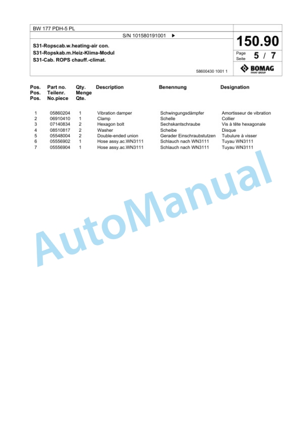 Bomag BW 177 PDH-5 PL Single Drum Wheel Drive Vibratory Roller Spare Parts Catalogue 00827079 3 Bomag BW 177 PDH-5 PL Single Drum Wheel Drive Vibratory Roller Spare Parts Catalogue 00827079-3