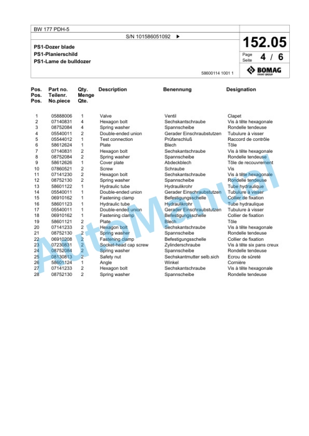 Bomag BW 177 PDH-5 Single Drum Wheel Drive Vibratory Roller Spare Parts Catalogue 00824477 3 Bomag BW 177 PDH-5 Single Drum Wheel Drive Vibratory Roller Spare Parts Catalogue 00824477-3