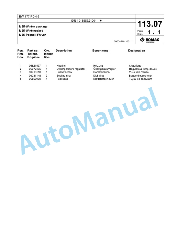 Bomag BW 177 PDH-5 Single Drum Wheel Drive Vibratory Roller Spare Parts Catalogue 00825437 3 Bomag BW 177 PDH-5 Single Drum Wheel Drive Vibratory Roller Spare Parts Catalogue 00825437-3