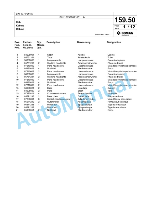 Bomag BW 177 PDH-5 Single Drum Wheel Drive Vibratory Roller Spare Parts Catalogue 00825437 5 Bomag BW 177 PDH-5 Single Drum Wheel Drive Vibratory Roller Spare Parts Catalogue 00825437-5