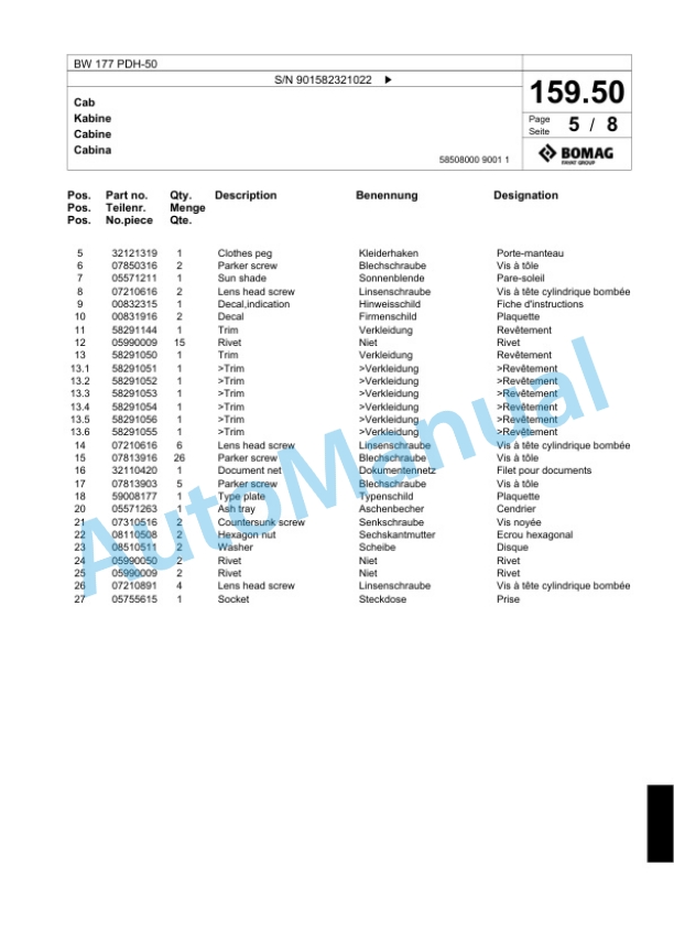 Bomag BW 177 PDH-50 Single Drum Wheel Drive Vibratory Roller Spare Parts Catalogue 00824091 5 Bomag BW 177 PDH-50 Single Drum Wheel Drive Vibratory Roller Spare Parts Catalogue 00824091-5