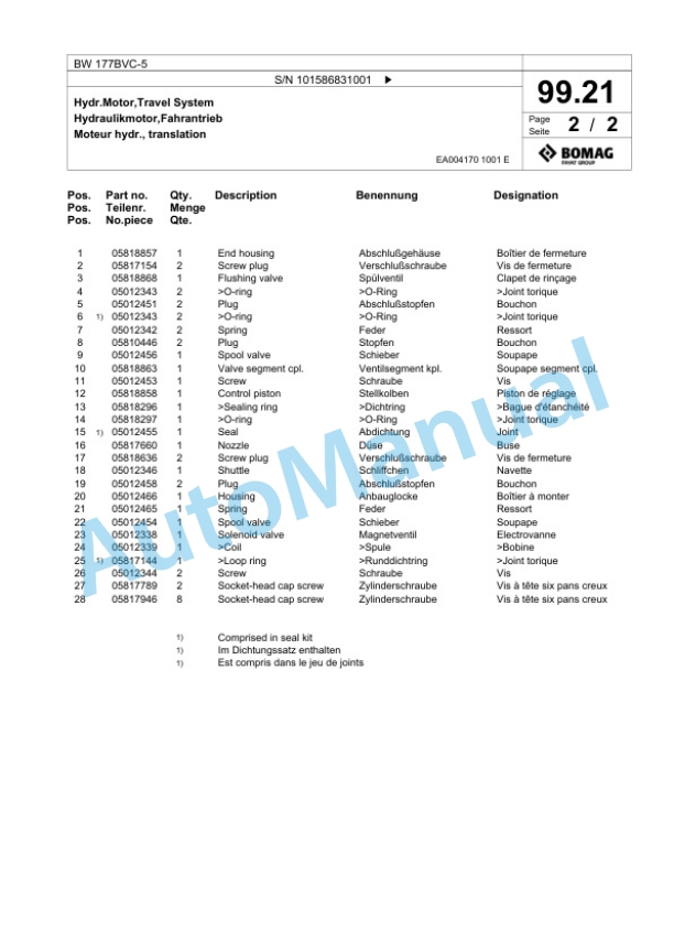 Bomag BW 177BVC-5 Single Drum Wheel Drive Vibratory Roller Spare Parts Catalogue 00825439 3 Bomag BW 177BVC-5 Single Drum Wheel Drive Vibratory Roller Spare Parts Catalogue 00825439-3