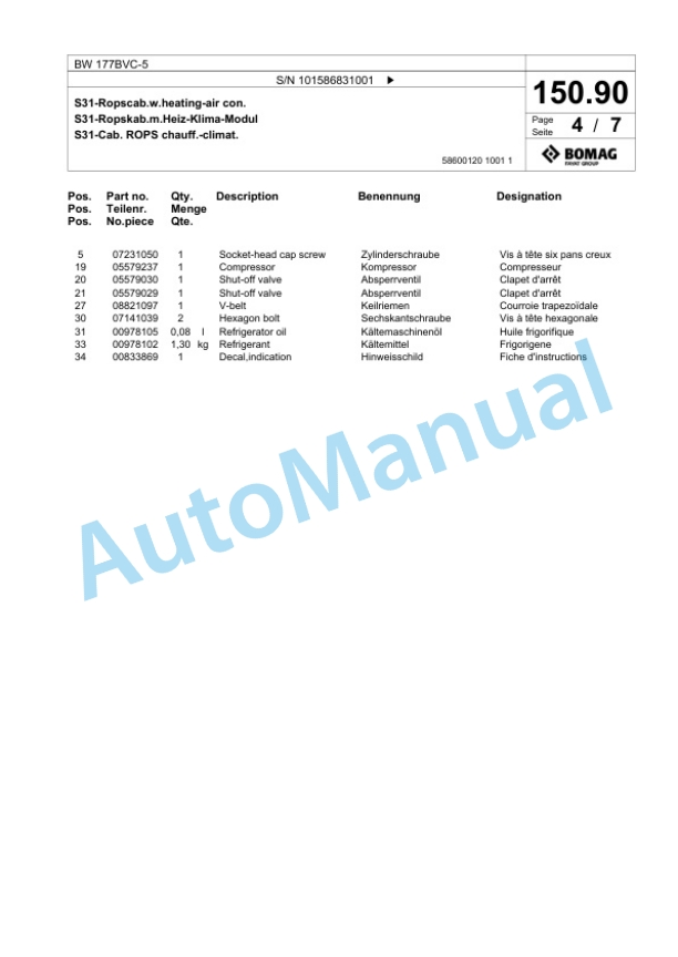 Bomag BW 177BVC-5 Single Drum Wheel Drive Vibratory Roller Spare Parts Catalogue 00825439 5 Bomag BW 177BVC-5 Single Drum Wheel Drive Vibratory Roller Spare Parts Catalogue 00825439-5