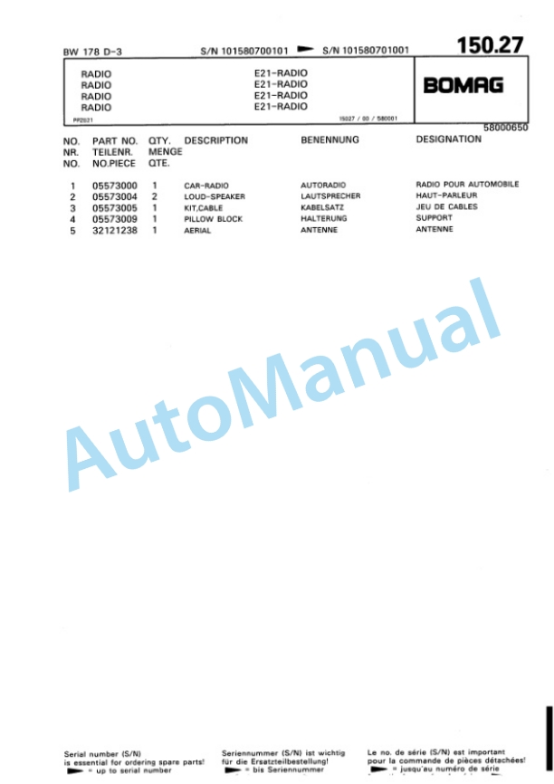 Bomag BW 178 D-3 Single Drum Wheel Drive Vibratory Roller Spare Parts Catalogue 00815370 3 Bomag BW 178 D-3 Single Drum Wheel Drive Vibratory Roller Spare Parts Catalogue 00815370-3