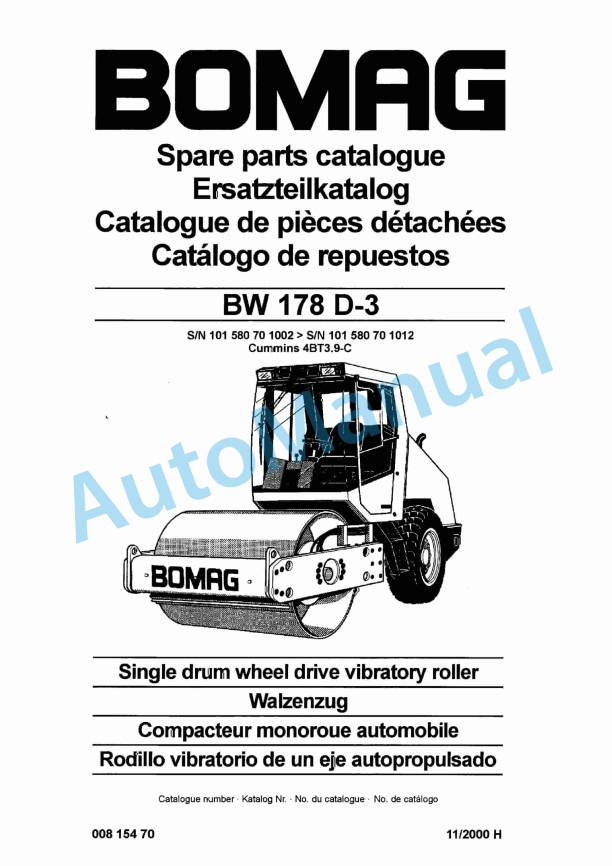 Bomag BW 178 D-3 Single Drum Wheel Drive Vibratory Roller Spare Parts Catalogue 00815470 1 Bomag BW 178 D-3 Single Drum Wheel Drive Vibratory Roller Spare Parts Catalogue 00815470
