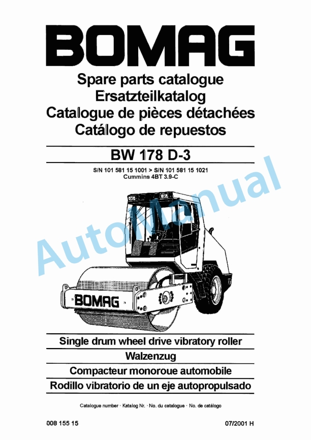 Bomag BW 178 D-3 Single Drum Wheel Drive Vibratory Roller Spare Parts Catalogue 00815515 1 Bomag BW 178 D-3 Single Drum Wheel Drive Vibratory Roller Spare Parts Catalogue 00815515