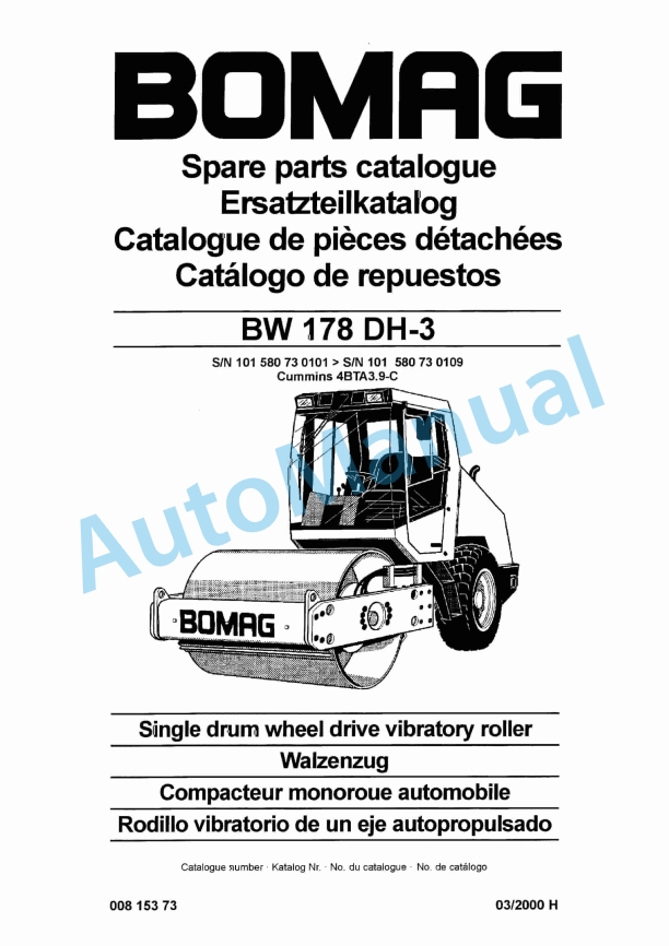 Bomag BW 178 DH-3 Single Drum Wheel Drive Vibratory Roller Spare Parts Catalogue 00815373 1 Bomag BW 178 DH-3 Single Drum Wheel Drive Vibratory Roller Spare Parts Catalogue 00815373