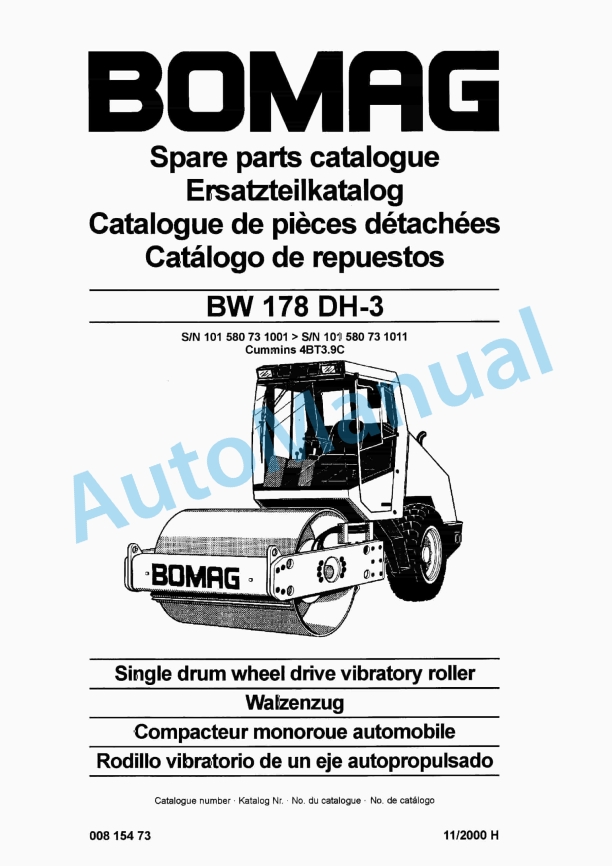 Bomag BW 178 DH-3 Single Drum Wheel Drive Vibratory Roller Spare Parts Catalogue 00815473 1 Bomag BW 178 DH-3 Single Drum Wheel Drive Vibratory Roller Spare Parts Catalogue 00815473