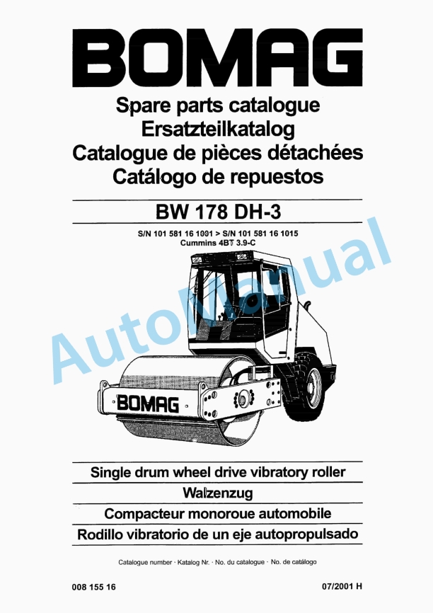 Bomag BW 178 DH-3 Single Drum Wheel Drive Vibratory Roller Spare Parts Catalogue 00815516 1 Bomag BW 178 DH-3 Single Drum Wheel Drive Vibratory Roller Spare Parts Catalogue 00815516