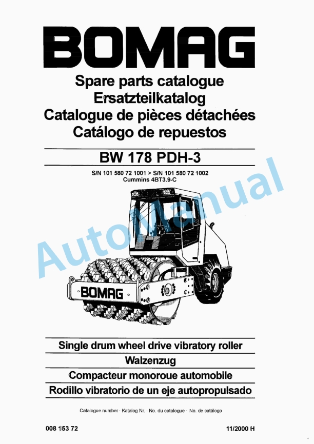 Bomag BW 178 PDH-3 Single Drum Wheel Drive Vibratory Roller Spare Parts Catalogue 00815372 1 Bomag BW 178 PDH-3 Single Drum Wheel Drive Vibratory Roller Spare Parts Catalogue 00815372
