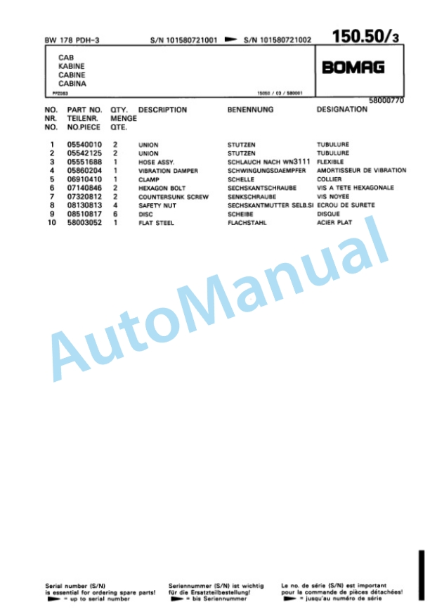 Bomag BW 178 PDH-3 Single Drum Wheel Drive Vibratory Roller Spare Parts Catalogue 00815372 4 Bomag BW 178 PDH-3 Single Drum Wheel Drive Vibratory Roller Spare Parts Catalogue 00815372-4