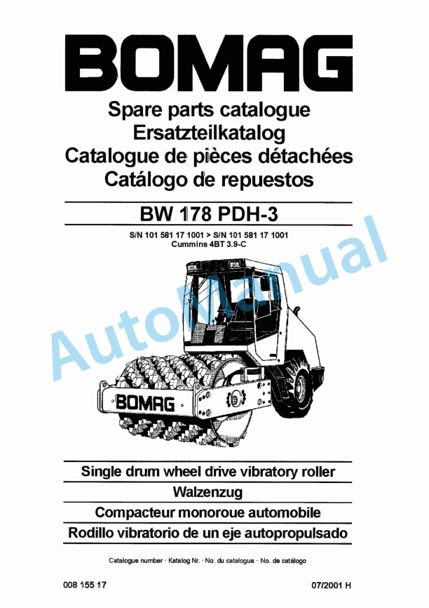 Bomag BW 178 PDH-3 Single Drum Wheel Drive Vibratory Roller Spare Parts Catalogue 00815517 1 Bomag BW 178 PDH-3 Single Drum Wheel Drive Vibratory Roller Spare Parts Catalogue 00815517