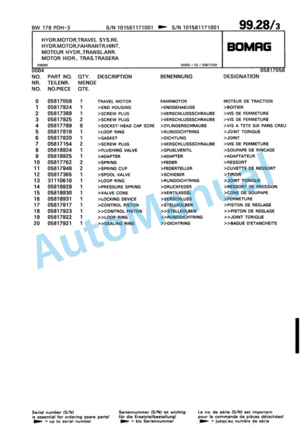 Bomag BW 178 PDH-3 Single Drum Wheel Drive Vibratory Roller Spare Parts Catalogue 00815517 3 Bomag BW 178 PDH-3 Single Drum Wheel Drive Vibratory Roller Spare Parts Catalogue 00815517-3