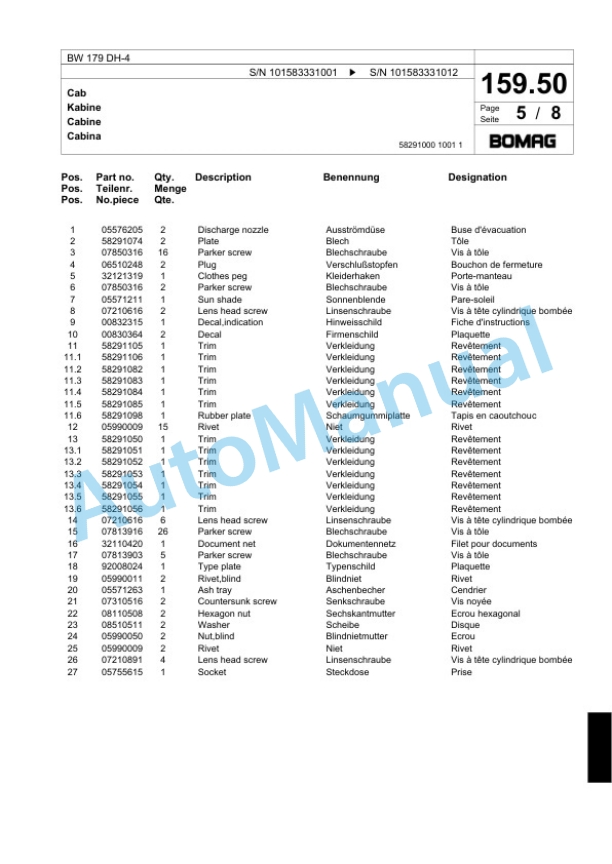 Bomag BW 179 DH-4 Single Drum Wheel Drive Vibratory Roller Spare Parts Catalogue 00818545 5 Bomag BW 179 DH-4 Single Drum Wheel Drive Vibratory Roller Spare Parts Catalogue 00818545-5