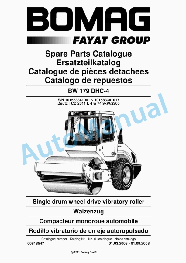 Bomag BW 179 DHC-4 Single Drum Wheel Drive Vibratory Roller Spare Parts Catalogue 00818547 1 Bomag BW 179 DHC-4 Single Drum Wheel Drive Vibratory Roller Spare Parts Catalogue 00818547