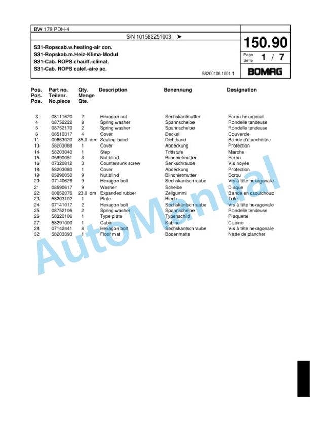 Bomag BW 179 PDH-4 Single Drum Wheel Drive Vibratory Roller Spare Parts Catalogue 00817769 5 Bomag BW 179 PDH-4 Single Drum Wheel Drive Vibratory Roller Spare Parts Catalogue 00817769-5