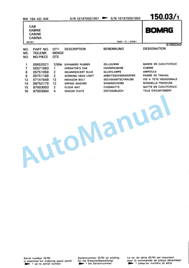 Bomag BW 180 AD AM Tandem Vibratory Roller Spare Parts Catalogue 00810715 5 Bomag BW 180 AD AM Tandem Vibratory Roller Spare Parts Catalogue 00810715-5