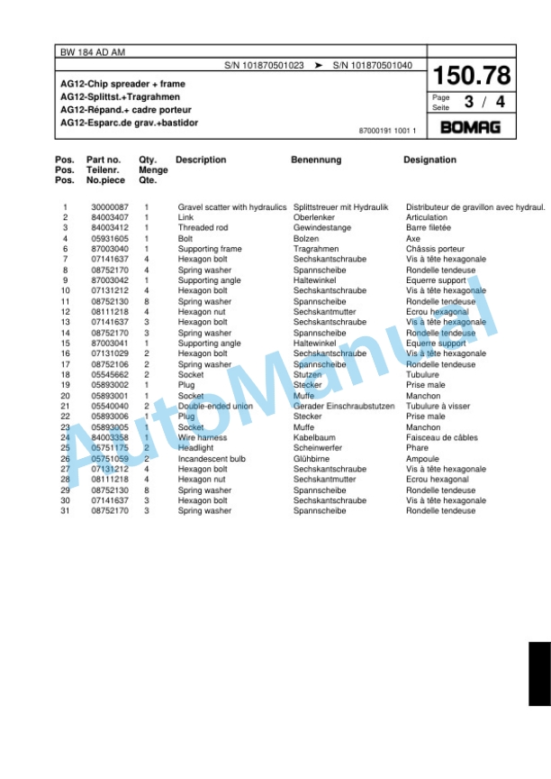 Bomag BW 184 AD AM Tandem Vibratory Roller Spare Parts Catalogue 00817515 5 Bomag BW 184 AD AM Tandem Vibratory Roller Spare Parts Catalogue 00817515-5