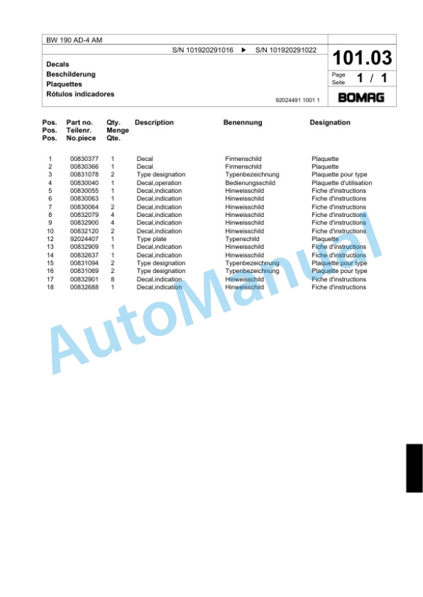 Bomag BW 190 AD-4 AM Tandem Vibratory Roller Spare Parts Catalogue 00818309 4 Bomag BW 190 AD-4 AM Tandem Vibratory Roller Spare Parts Catalogue 00818309-4