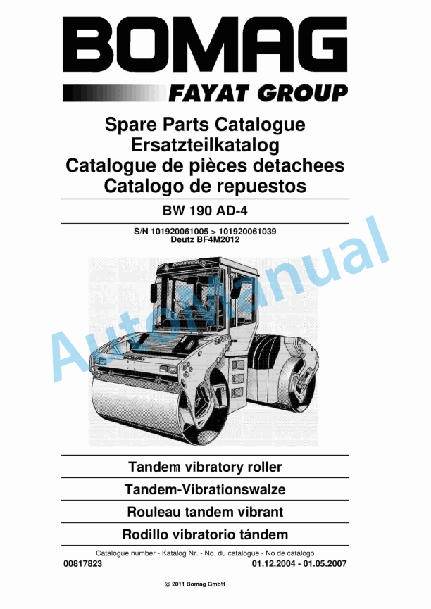 Bomag BW 190 AD-4 Tandem Vibratory Roller Spare Parts Catalogue 00817823 1 Bomag BW 190 AD-4 Tandem Vibratory Roller Spare Parts Catalogue 00817823