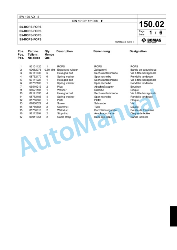 Bomag BW 190 AD-5 Tandem Vibratory Roller Spare Parts Catalogue 00824361 4 Bomag BW 190 AD-5 Tandem Vibratory Roller Spare Parts Catalogue 00824361-4