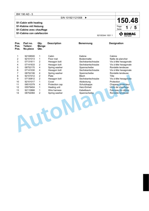 Bomag BW 190 AD-5 Tandem Vibratory Roller Spare Parts Catalogue 00824361 5 Bomag BW 190 AD-5 Tandem Vibratory Roller Spare Parts Catalogue 00824361-5