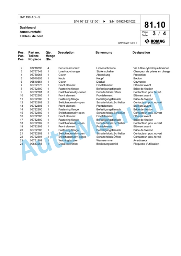 Bomag BW 190 AD-5 Tandem Vibratory Roller Spare Parts Catalogue 00824651 2 Bomag BW 190 AD-5 Tandem Vibratory Roller Spare Parts Catalogue 00824651-2