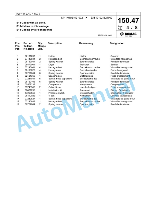 Bomag BW 190 AD-5 Tier 4 Tandem Vibratory Roller Spare Parts Catalogue 00824603 4 Bomag BW 190 AD-5 Tier 4 Tandem Vibratory Roller Spare Parts Catalogue 00824603-4