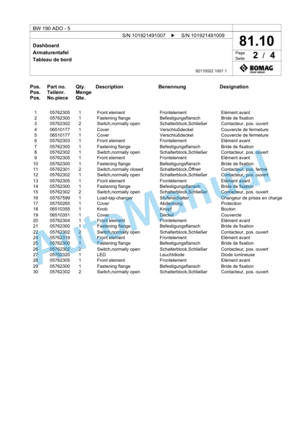 Bomag BW 190 ADO-5 Tandem Vibratory Roller Spare Parts Catalogue 00824661 2 Bomag BW 190 ADO-5 Tandem Vibratory Roller Spare Parts Catalogue 00824661-2