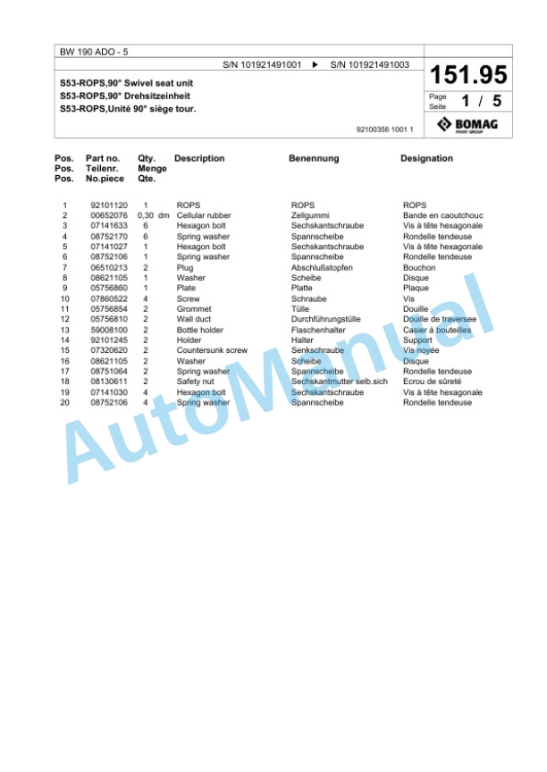 Bomag BW 190 ADO-5 Tandem Vibratory Roller Spare Parts Catalogue 00824661 4 Bomag BW 190 ADO-5 Tandem Vibratory Roller Spare Parts Catalogue 00824661-4