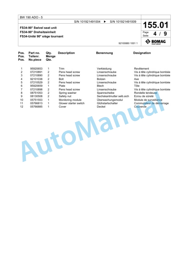 Bomag BW 190 ADO-5 Tandem Vibratory Roller Spare Parts Catalogue 00824661 5 Bomag BW 190 ADO-5 Tandem Vibratory Roller Spare Parts Catalogue 00824661-5