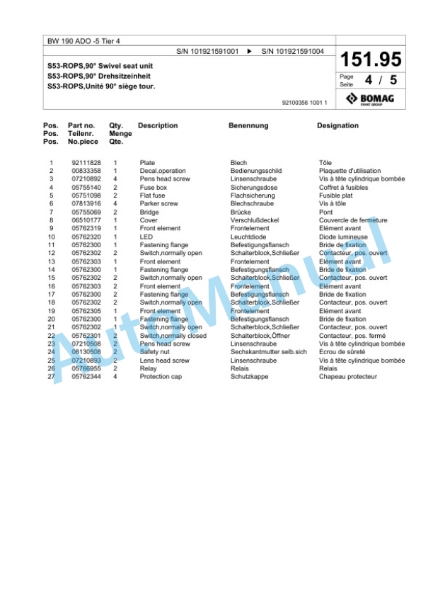 Bomag BW 190 ADO-5 Tier 4 Tandem Vibratory Roller Spare Parts Catalogue 00824949 5 Bomag BW 190 ADO-5 Tier 4 Tandem Vibratory Roller Spare Parts Catalogue 00824949-5