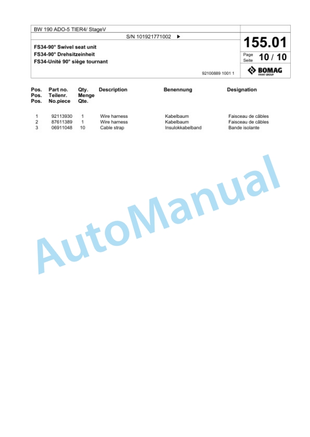 Bomag BW 190 ADO-5 TIER4 - StageV Tandem Vibratory Roller Spare Parts Catalogue 00825641 5 Bomag BW 190 ADO-5 TIER4 - StageV Tandem Vibratory Roller Spare Parts Catalogue 00825641-5