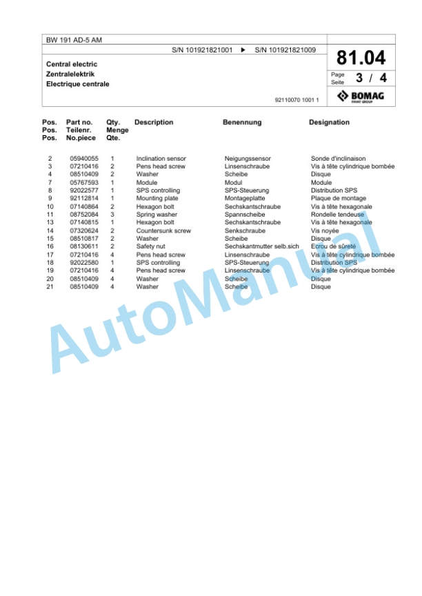 Bomag BW 191 AD-5 AM Tandem Vibratory Roller Spare Parts Catalogue 00825969 2 Bomag BW 191 AD-5 AM Tandem Vibratory Roller Spare Parts Catalogue 00825969-2