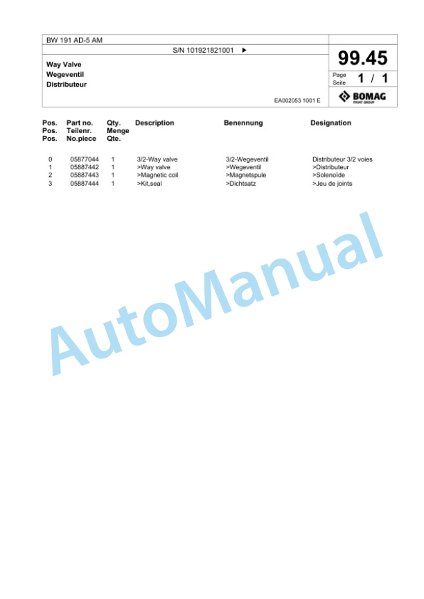 Bomag BW 191 AD-5 AM Tandem Vibratory Roller Spare Parts Catalogue 00825969 3 Bomag BW 191 AD-5 AM Tandem Vibratory Roller Spare Parts Catalogue 00825969-3