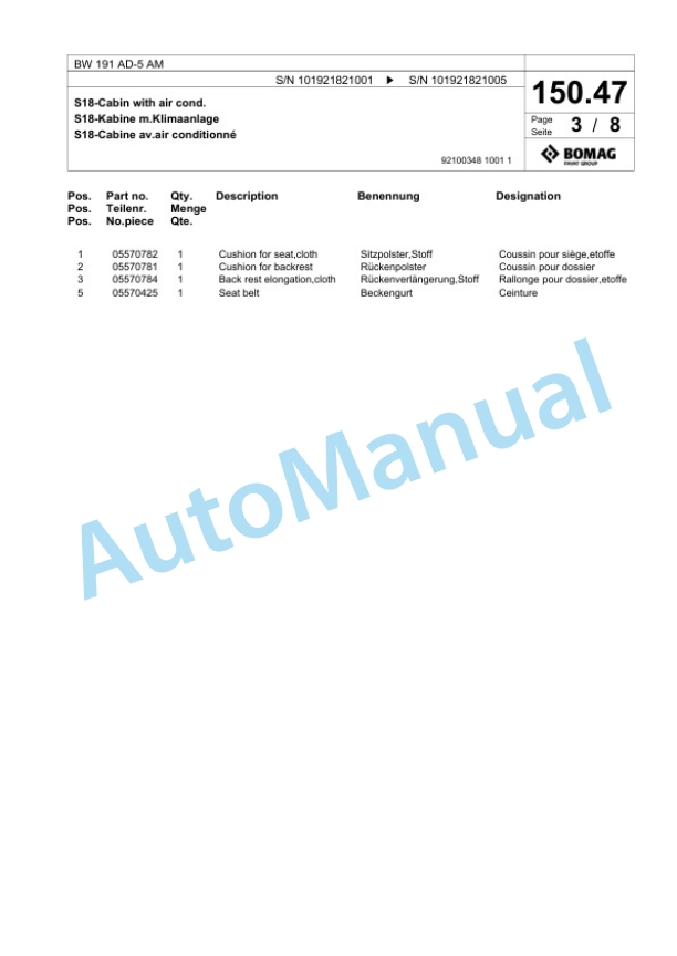 Bomag BW 191 AD-5 AM Tandem Vibratory Roller Spare Parts Catalogue 00825969 4 Bomag BW 191 AD-5 AM Tandem Vibratory Roller Spare Parts Catalogue 00825969-4