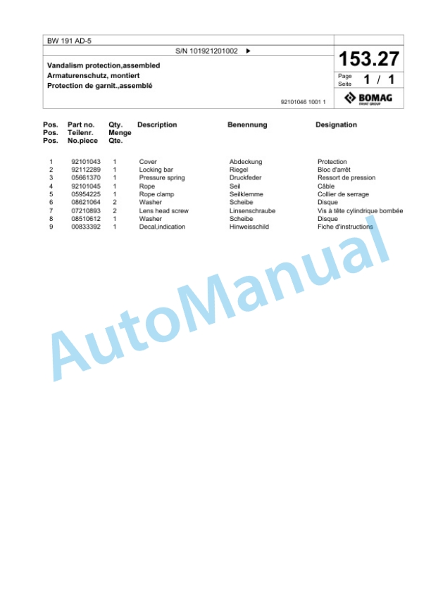 Bomag BW 191 AD-5 Tandem Vibratory Roller Spare Parts Catalogue 00824281-5