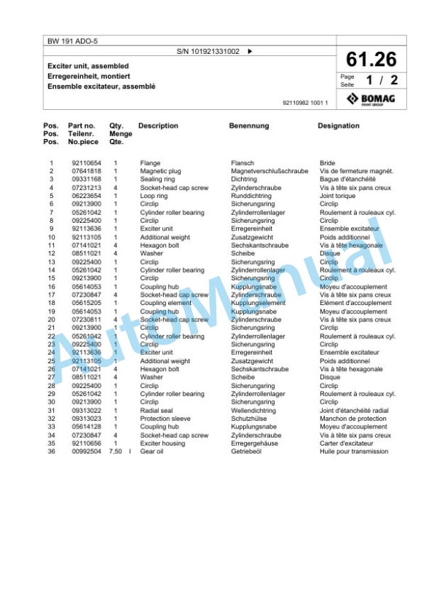 Bomag BW 191 ADO-5 Tandem Vibratory Roller Spare Parts Catalogue 00824599 2 Bomag BW 191 ADO-5 Tandem Vibratory Roller Spare Parts Catalogue 00824599-2
