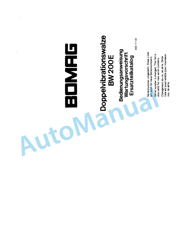 Bomag BW 200E Double Vibratory Roller Spare Parts Catalogue 00811700 GE 1 Bomag BW 200E Double Vibratory Roller Spare Parts Catalogue 00811700 GE