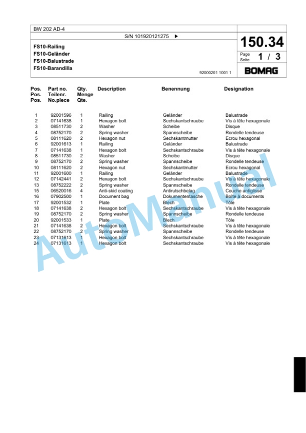 Bomag BW 202 AD-4 Tandem Vibratory Roller Spare Parts Catalogue 00824005 5 Bomag BW 202 AD-4 Tandem Vibratory Roller Spare Parts Catalogue 00824005-5