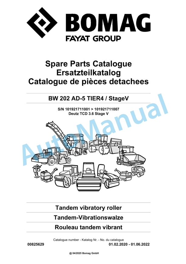 Bomag BW 202 AD-5 TIER4 - StageV Tandem Vibratory Roller Spare Parts Catalogue 00825629 1 Bomag BW 202 AD-5 TIER4 - StageV Tandem Vibratory Roller Spare Parts Catalogue 00825629