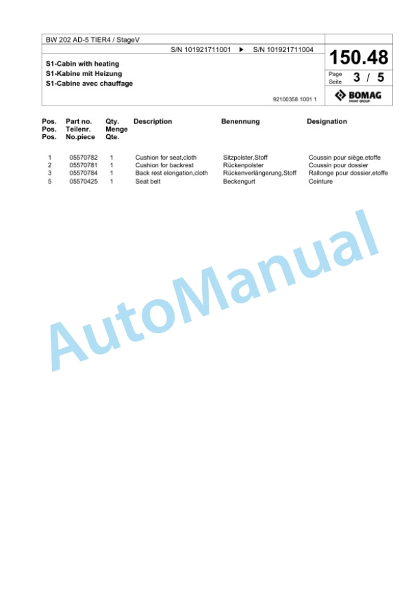 Bomag BW 202 AD-5 TIER4 - StageV Tandem Vibratory Roller Spare Parts Catalogue 00825629 4 Bomag BW 202 AD-5 TIER4 - StageV Tandem Vibratory Roller Spare Parts Catalogue 00825629-4