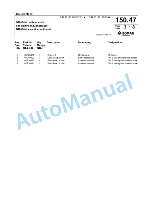 Bomag BW 202 AD-50 Tandem Vibratory Roller Spare Parts Catalogue 00824113 4 Bomag BW 202 AD-50 Tandem Vibratory Roller Spare Parts Catalogue 00824113-4