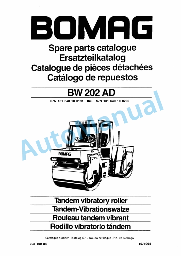 Bomag BW 202 AD Tandem Vibratory Roller Spare Parts Catalogue 00810084 1 Bomag BW 202 AD Tandem Vibratory Roller Spare Parts Catalogue 00810084