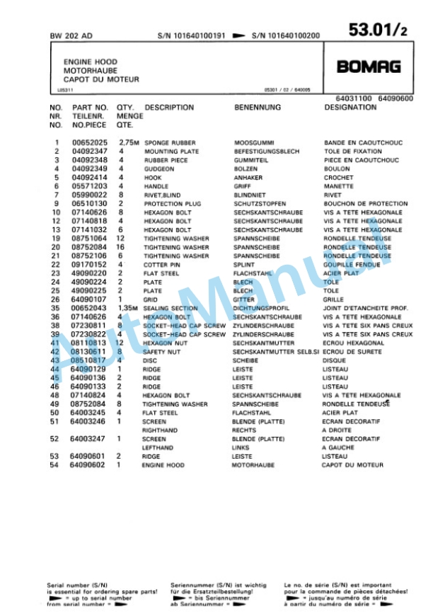 Bomag BW 202 AD Tandem Vibratory Roller Spare Parts Catalogue 00810084 3 Bomag BW 202 AD Tandem Vibratory Roller Spare Parts Catalogue 00810084-3